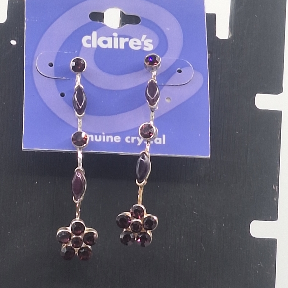 Claire's Purple Flower Crystal Drop Earrings - Picture 1 of 6